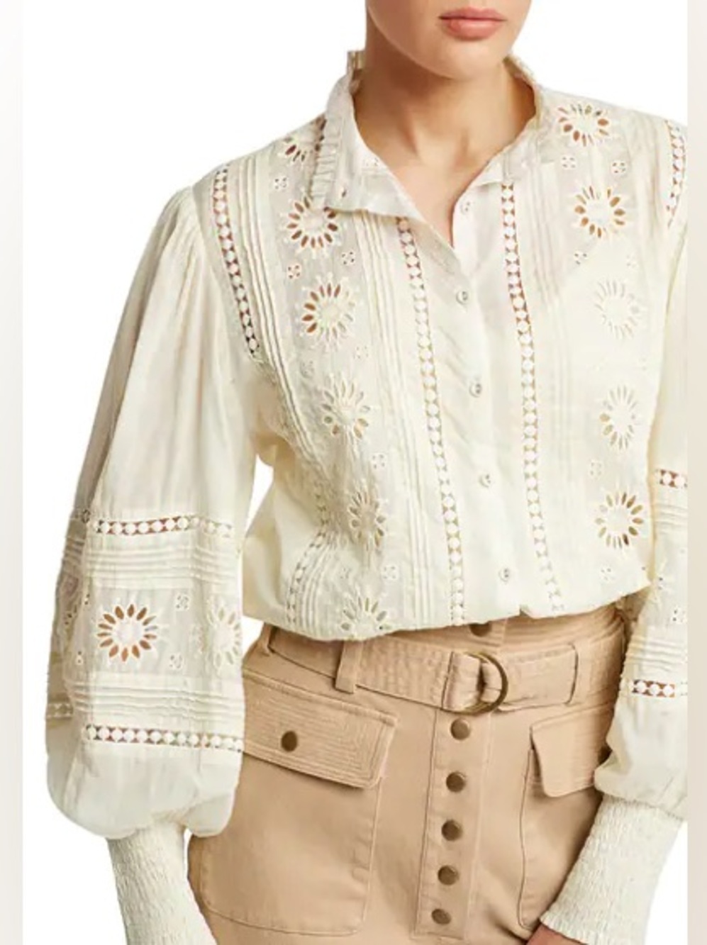 Cream Eyelet Button-Down Blouse with Pintuck Details